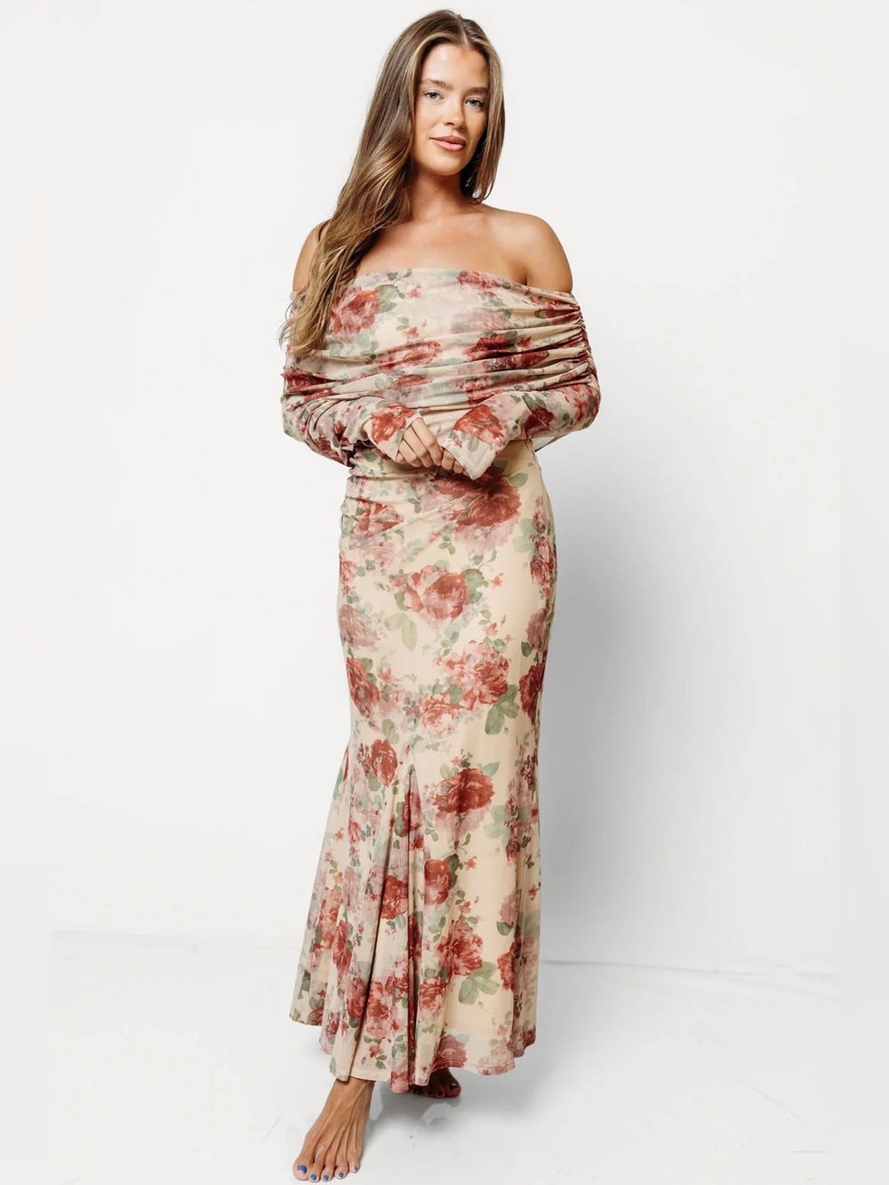Worth Collective NWT Azaleia Tan Rose Floral Ruched Flounce Mesh Maxi Dress S